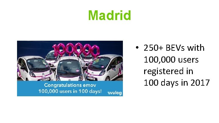 Madrid • 250+ BEVs with 100, 000 users registered in 100 days in 2017