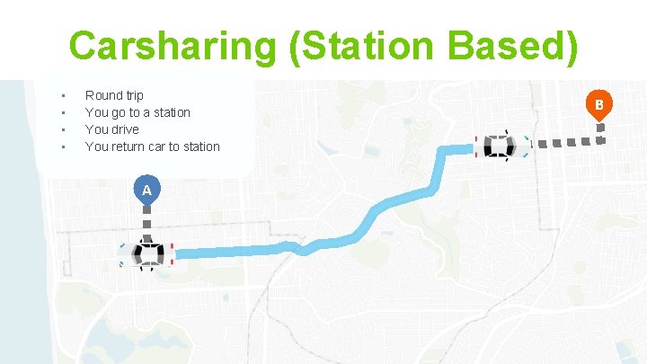 Carsharing (Station Based) • • Round trip You go to a station You drive