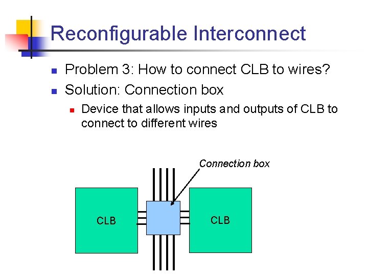 Reconfigurable Interconnect n n Problem 3: How to connect CLB to wires? Solution: Connection