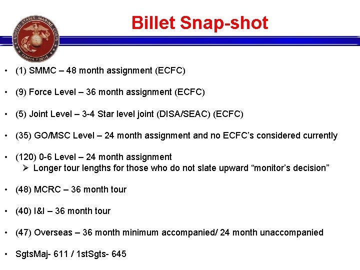Billet Snap-shot • (1) SMMC – 48 month assignment (ECFC) • (9) Force Level