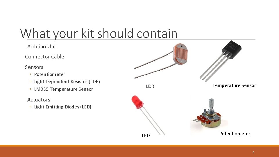 What your kit should contain Arduino Uno Connector Cable Sensors ◦ Potentiometer ◦ Light