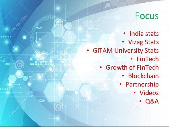 Focus • India stats • Vizag Stats • GITAM University Stats • Fin. Tech