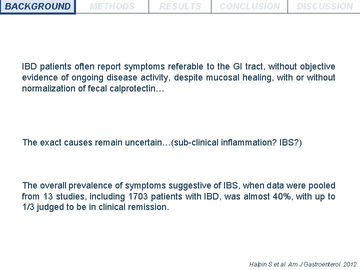 BACKGROUND METHODS RESULTS CONCLUSION DISCUSSION IBD patients often report symptoms referable to the GI