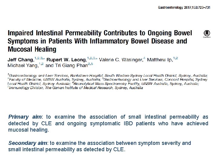 Primary aim: to examine the association of small intestinal permeability as detected by CLE