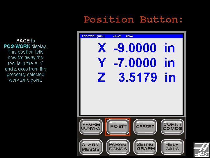 Position Button: POS-WORK (MEM) PAGE to POS-WORK display. This position tells how far away Position Button: POS-WORK (MEM) PAGE to POS-WORK display. This position tells how far away