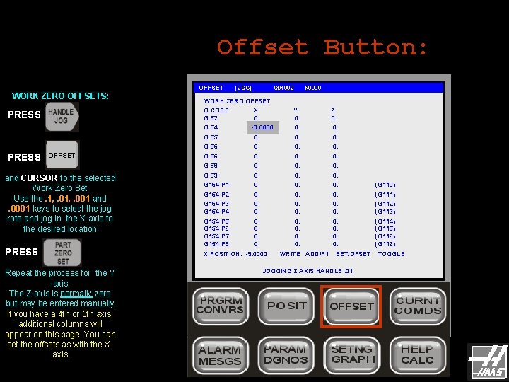 Offset Button: WORK ZERO OFFSETS: PRESS OFFSET PRESS and CURSOR to the selected Work Offset Button: WORK ZERO OFFSETS: PRESS OFFSET PRESS and CURSOR to the selected Work