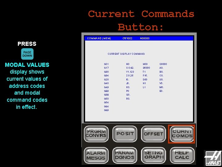 Current Commands Button: COMMAND (MEM) O 91002 N 00000 PRESS CURRENT DISPLAY COMMAND MODAL Current Commands Button: COMMAND (MEM) O 91002 N 00000 PRESS CURRENT DISPLAY COMMAND MODAL