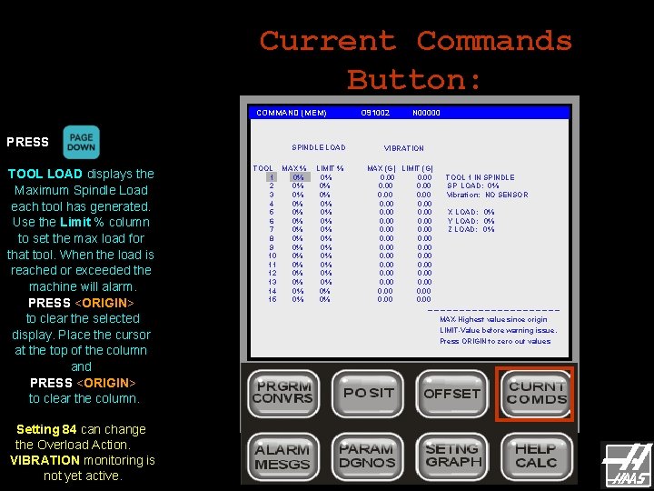 Current Commands Button: COMMAND (MEM) PRESS TOOL LOAD displays the Maximum Spindle Load each Current Commands Button: COMMAND (MEM) PRESS TOOL LOAD displays the Maximum Spindle Load each