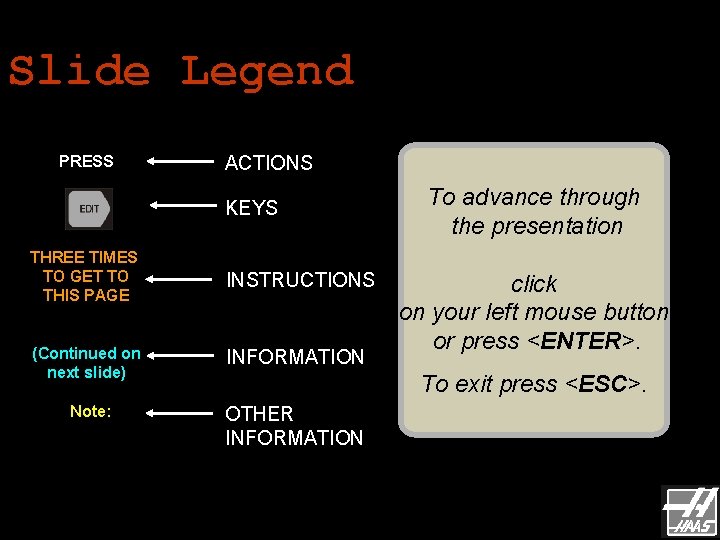 Slide Legend PRESS ACTIONS KEYS THREE TIMES TO GET TO THIS PAGE INSTRUCTIONS (Continued Slide Legend PRESS ACTIONS KEYS THREE TIMES TO GET TO THIS PAGE INSTRUCTIONS (Continued