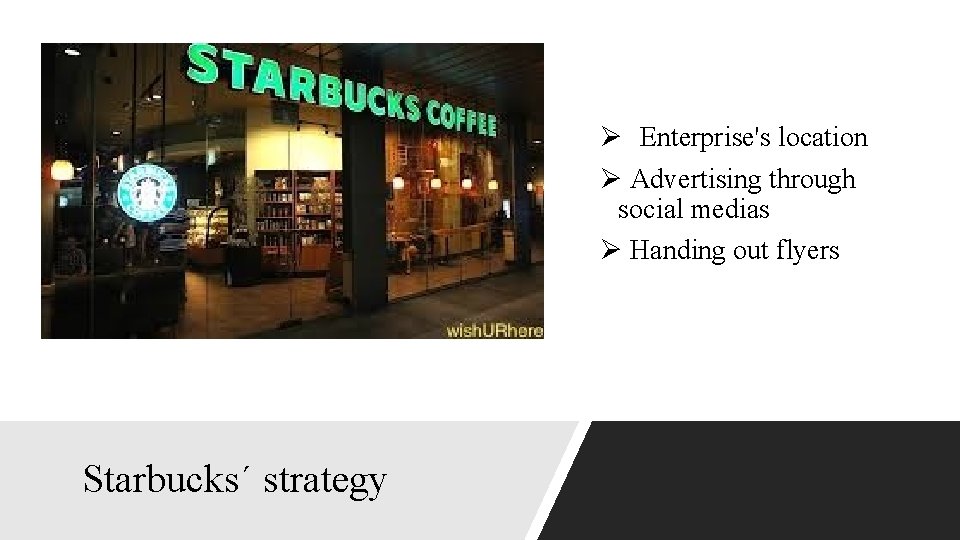 Ø Enterprise's location Ø Advertising through social medias Ø Handing out flyers Starbucks´ strategy