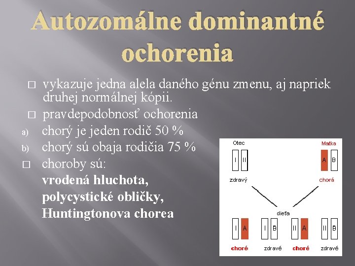 Autozomálne dominantné ochorenia � � a) b) � vykazuje jedna alela daného génu zmenu,