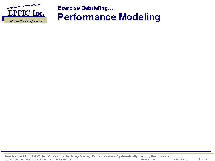 EPPIC Inc. Achieve Peak Performance Exercise Debriefing… Performance Modeling New Mexico ISPI 2004 Winter