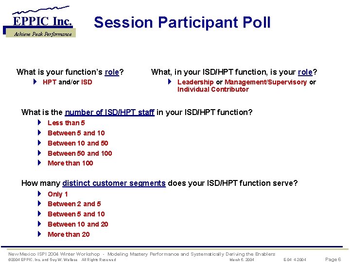 Session Participant Poll EPPIC Inc. Achieve Peak Performance What is your function’s role? role