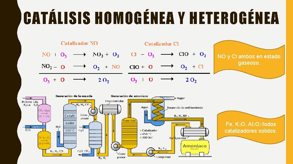 CATÁLISIS HOMOGÉNEA Y HETEROGÉNEA NO y Cl ambos en estado gaseoso. Fe, K 2