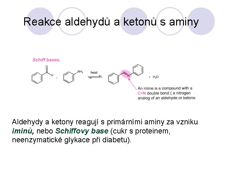Reakce aldehydů a ketonů s aminy Aldehydy a ketony reagují s primárními aminy za
