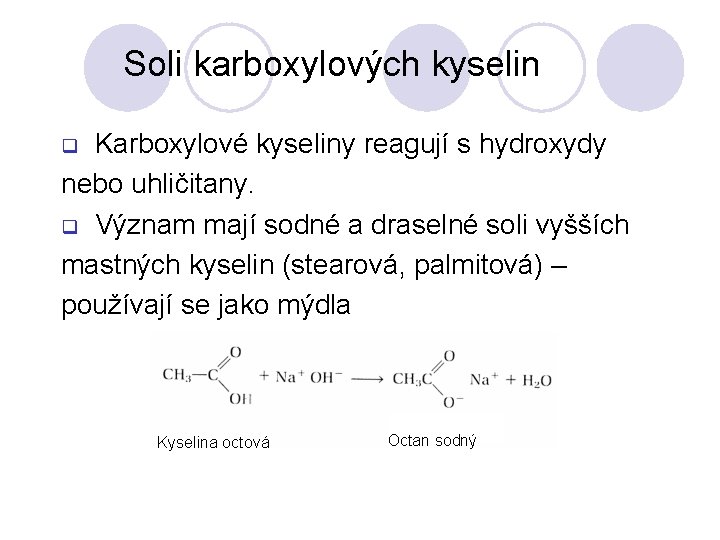 Soli karboxylových kyselin Karboxylové kyseliny reagují s hydroxydy nebo uhličitany. q Význam mají sodné