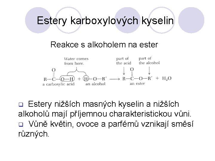 Estery karboxylových kyselin Reakce s alkoholem na ester Estery nižších masných kyselin a nižších