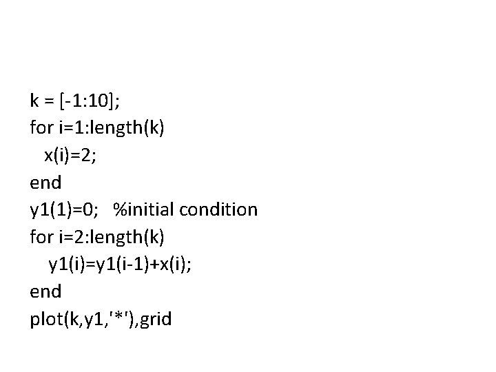 k = [-1: 10]; for i=1: length(k) x(i)=2; end y 1(1)=0; %initial condition for