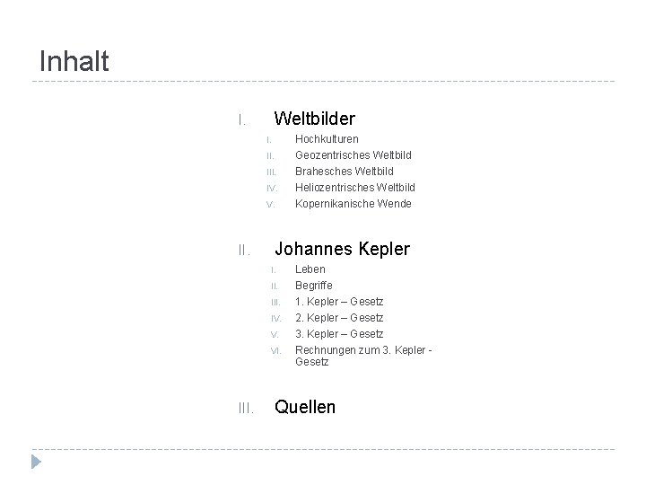 Inhalt Weltbilder I. I. II. III. IV. V. II. Johannes Kepler I. III. IV.