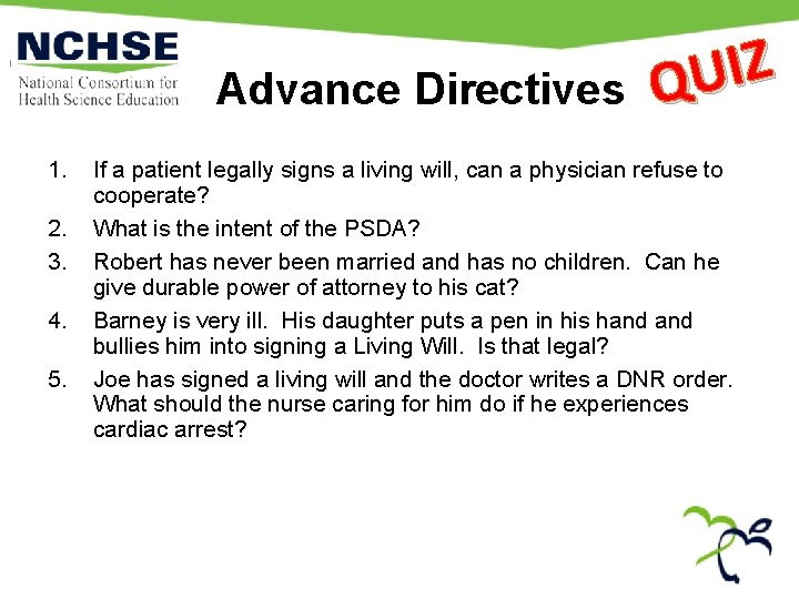 Z I U Advance Directives Q 1. 2. 3. 4. 5. If a patient