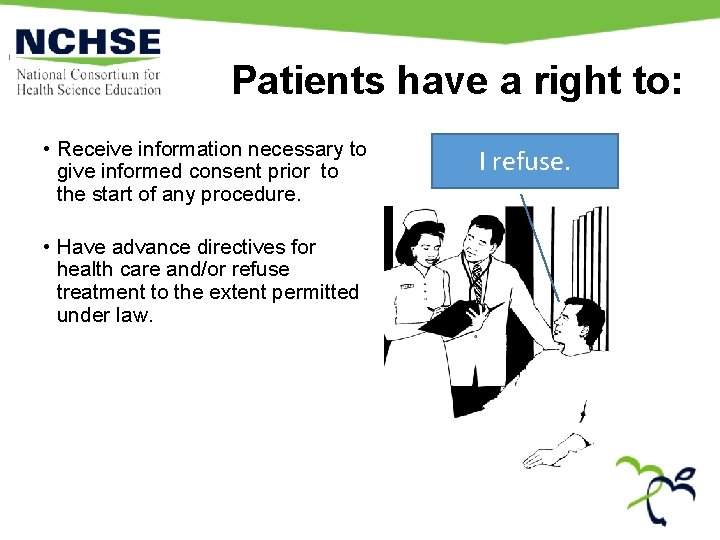 Patients have a right to: • Receive information necessary to give informed consent prior