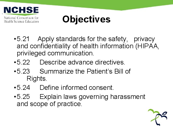 Objectives • 5. 21 Apply standards for the safety, privacy and confidentiality of health
