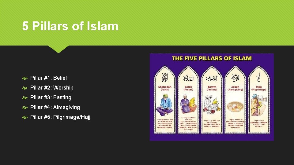 5 Pillars of Islam Pillar #1: Belief Pillar #2: Worship Pillar #3: Fasting Pillar