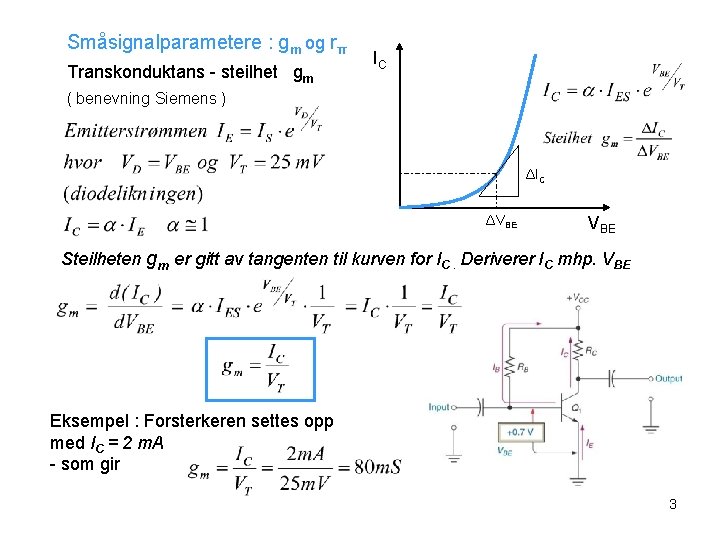 Småsignalparametere : gm og rπ Transkonduktans - steilhet gm IC ( benevning Siemens )