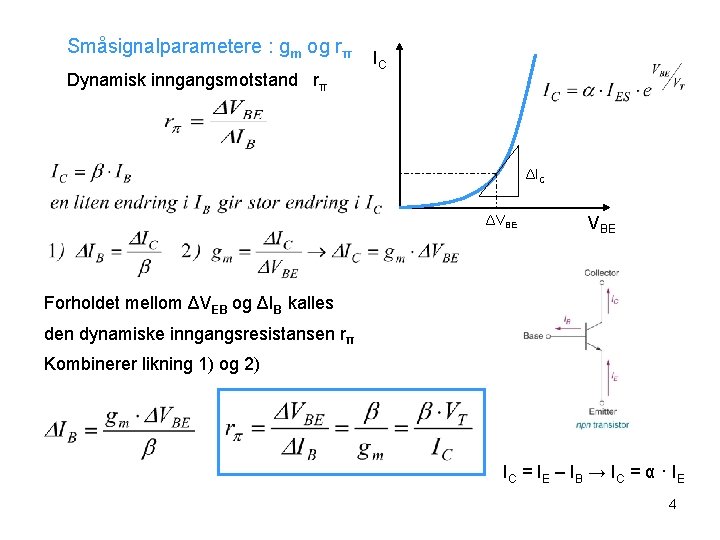Småsignalparametere : gm og rπ Dynamisk inngangsmotstand rπ IC ΔVBE Forholdet mellom ΔVEB og
