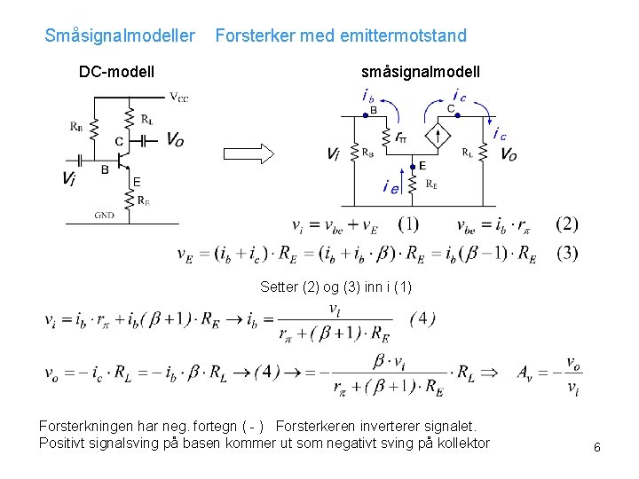 Småsignalmodeller DC-modell Forsterker med emittermotstand småsignalmodell Setter (2) og (3) inn i (1) Forsterkningen