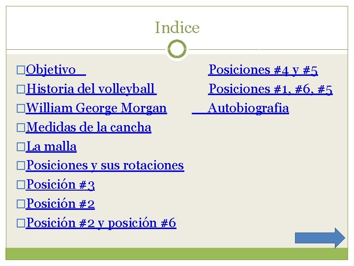 Indice �Objetivo �Historia del volleyball �William George Morgan �Medidas de la cancha �La malla