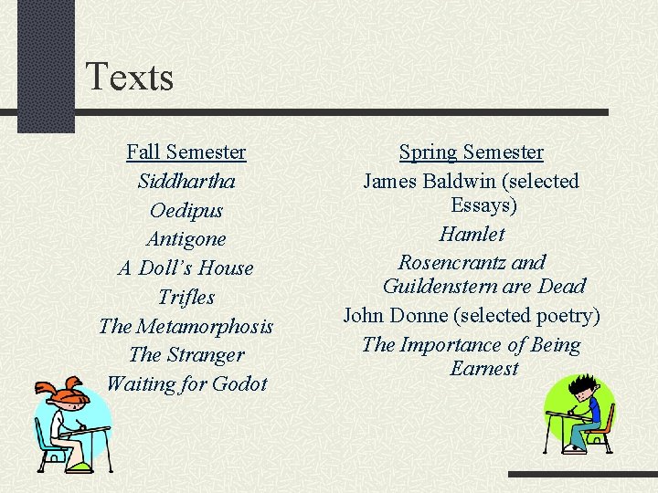 Texts Fall Semester Siddhartha Oedipus Antigone A Doll’s House Trifles The Metamorphosis The Stranger