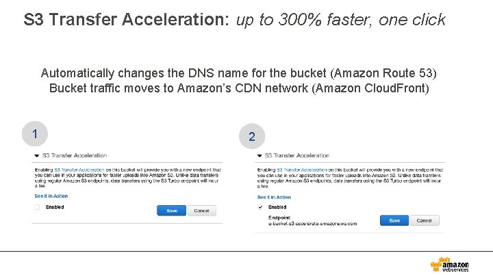 S 3 Transfer Acceleration: up to 300% faster, one click Automatically changes the DNS