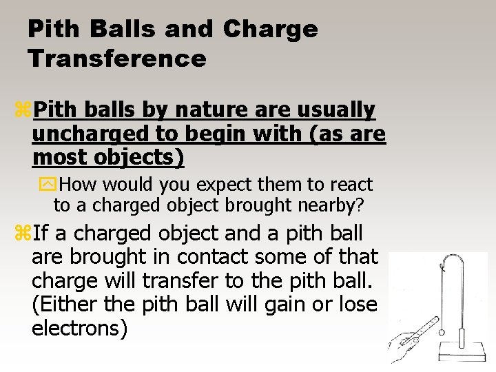 Pith Balls and Charge Transference z. Pith balls by nature are usually uncharged to