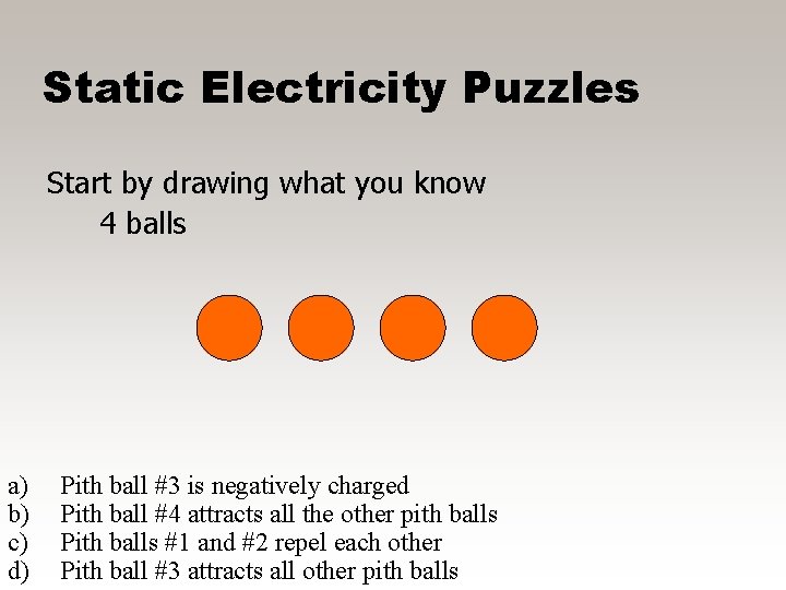 Static Electricity Puzzles Start by drawing what you know 4 balls a) b) c)