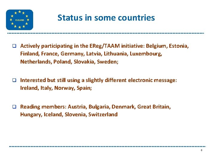 Status in some countries q Actively participating in the EReg/TAAM initiative: Belgium, Estonia, Finland,