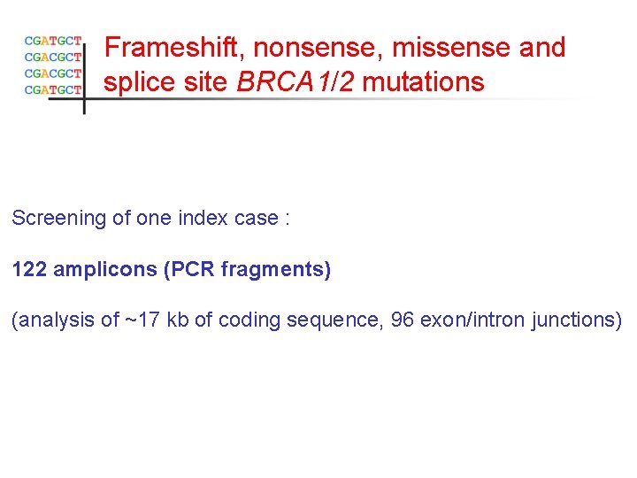 Frameshift, nonsense, missense and splice site BRCA 1/2 mutations Screening of one index case