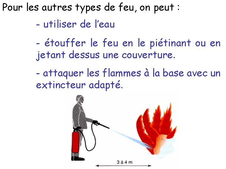 Pour les autres types de feu, on peut : - utiliser de l’eau -