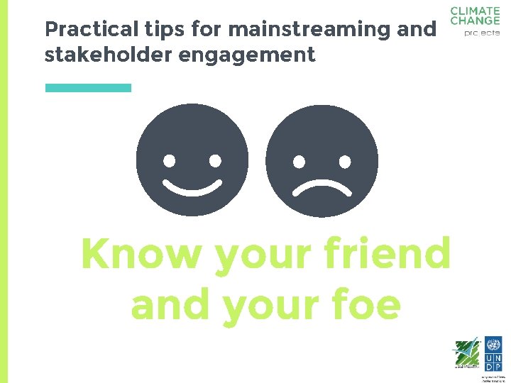 Practical tips for mainstreaming and stakeholder engagement Know your friend and your foe 