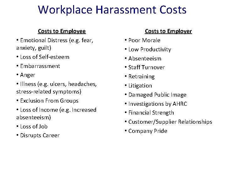 Workplace Harassment Costs to Employee • Emotional Distress (e. g. fear, anxiety, guilt) •