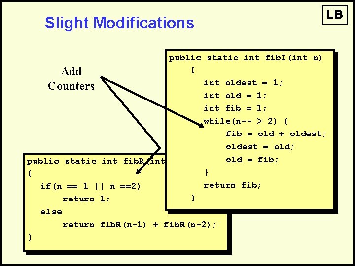 Slight Modifications LB public static int fib. I(int n) { Add int oldest =