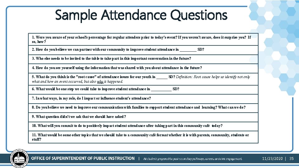 Sample Attendance Questions 1. Were you aware of your school's percentage for regular attenders