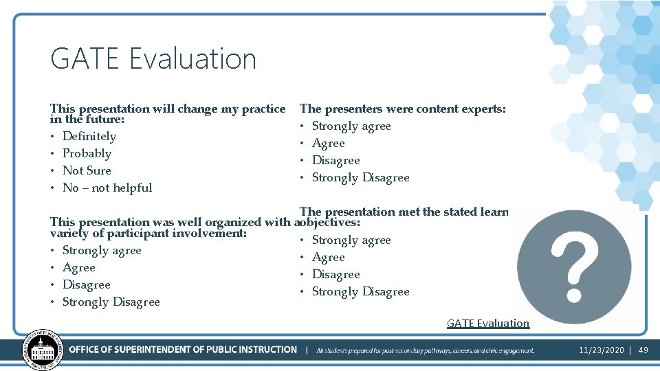 GATE Evaluation This presentation will change my practice in the future: • Definitely •