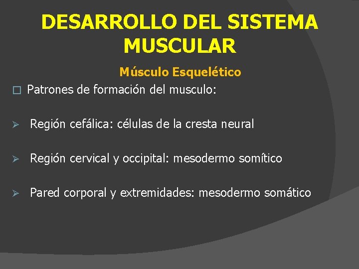 DESARROLLO DEL SISTEMA MUSCULAR Músculo Esquelético � Patrones de formación del musculo: Ø Región