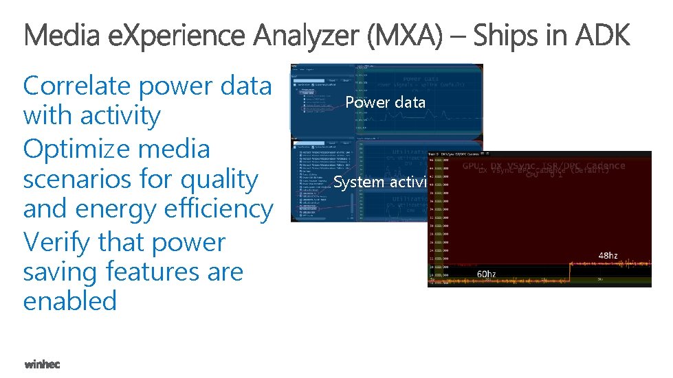 Correlate power data with activity Optimize media scenarios for quality and energy efficiency Verify