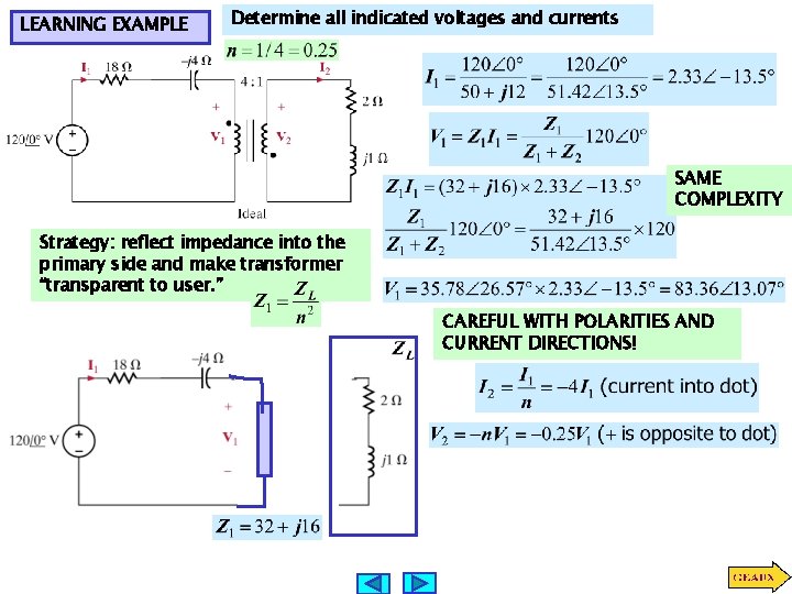 LEARNING EXAMPLE Determine all indicated voltages and currents SAME COMPLEXITY Strategy: reflect impedance into