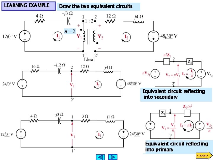 LEARNING EXAMPLE Draw the two equivalent circuits Equivalent circuit reflecting into secondary Equivalent circuit