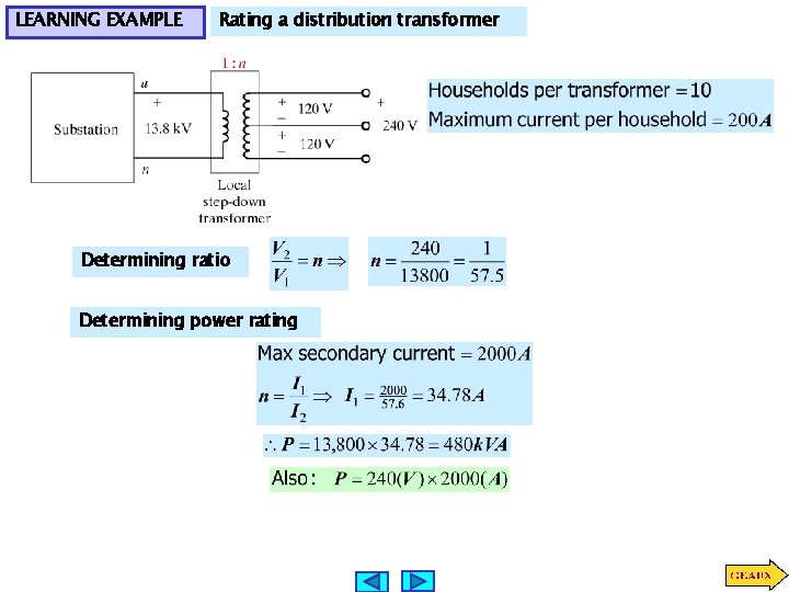 LEARNING EXAMPLE Rating a distribution transformer Determining ratio Determining power rating 