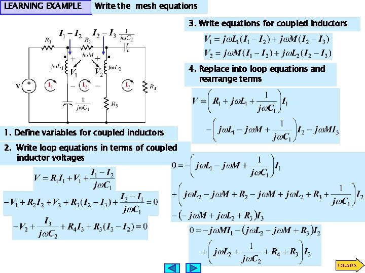 LEARNING EXAMPLE Write the mesh equations 3. Write equations for coupled inductors 4. Replace