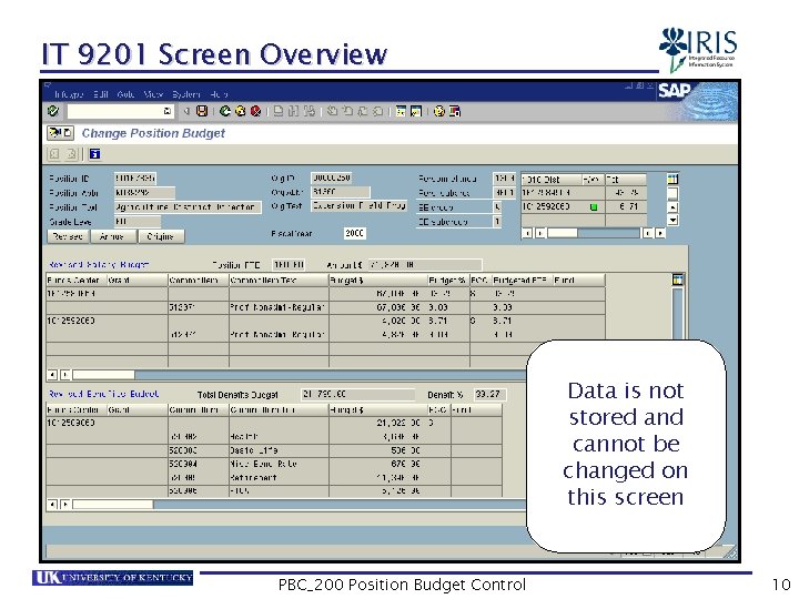 IT 9201 Screen Overview Data is not stored and cannot be changed on this